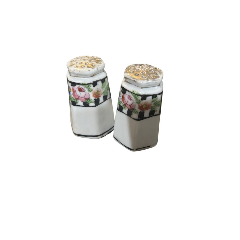 Hexagonal Floral Salt & Pepper Shaker Set With Black And Gold Accents No Plugs